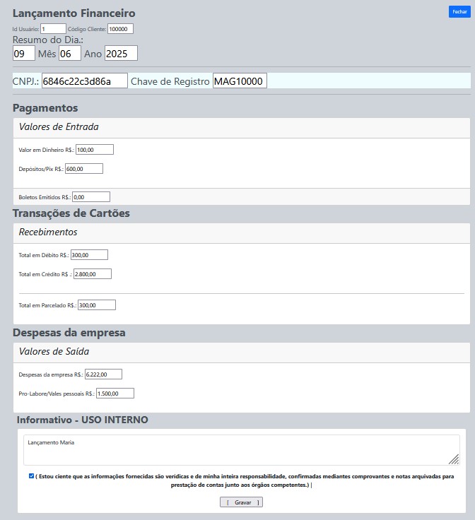 Cadastrar Fechamento